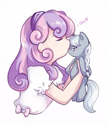 Size: 907x1060 | Tagged: artist:autumn rush, bow, cute, derpibooru import, female, human, humanized, kissing, lesbian, nose kiss, plushie, safe, shipping, silverbelle, silverbetes, silver spoon, sweetie belle