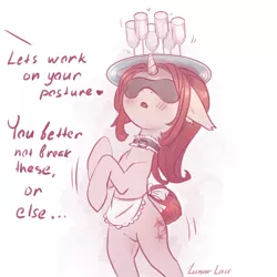 Size: 1000x1000 | Tagged: suggestive, artist:lunarlacepony, derpibooru import, oc, oc:pink sherbet, pony, unicorn, balancing, blindfold, bun, clothes, collar, maid, rearing, redhead, sketch, solo, speech, talking, training