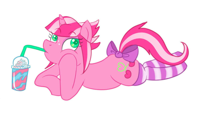 Size: 1024x576 | Tagged: safe, artist:cherry days, artist:sketchy_fox, derpibooru import, oc, oc:cherry days, unofficial characters only, pony, unicorn, bow, clothes, cute, cutie mark, drinking, female, green eyes, laying on stomach, mare, pink mane, reclining, simple background, sipping, socks, solo, starbucks, straight mane, striped mane, striped socks, striped stockings, tail bow, unicorn frappuccino, white background