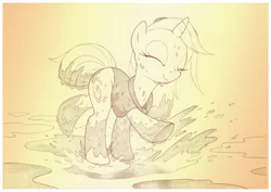 Size: 1073x759 | Tagged: safe, artist:sherwoodwhisper, derpibooru import, oc, oc:eri, oc:whisper, unofficial characters only, mouse, pony, unicorn, cape, clothes, dirty, eyes closed, female, filly, monochrome, mud, mud puddle, muddy, puddle, smiling, solo, traditional art