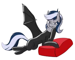 Size: 1699x1354 | Tagged: suggestive, artist:barhandar, deleted from derpibooru, derpibooru import, oc, oc:daturea eventide, bat pony, pony, bedroom eyes, bodysuit, clothes, draw me like one of your french girls, fangs, female, latex, latex suit, looking at you, mare, pillow, simple background, solo, transparent background, underhoof