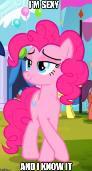 Size: 500x924 | Tagged: safe, derpibooru import, edit, edited screencap, screencap, pinkie pie, pony, party pooped, cropped, meme, sexy and i know it (lmfao), solo focus