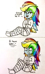 Size: 1948x3185 | Tagged: safe, artist:michaelmaddox222, deleted from derpibooru, derpibooru import, rainbow dash, equestria girls, bondage, bragging, colored, eyes closed, female, gritted teeth, lol, looking down, messy hair, mummyjacket, open mouth, pencil drawing, signature, sitting, smiling, solo, straitjacket, struggling, traditional art