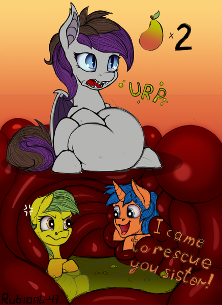 Size: 1456x2000 | Tagged: questionable, artist:rubiont, derpibooru import, oc, oc:eissen, oc:lupine, oc:mango, ponified, unofficial characters only, bat, bat pony, food pony, original species, pony, unicorn, angry, bat pony oc, bat wings, bath, belly, big belly, burp, cartoon physics, comic, dialogue, fangs, female, fetish, food, hammerspace, hammerspace belly, happy, male, mango, mare, open maw, stallion, stomach, stomach acid, text, vore, wings