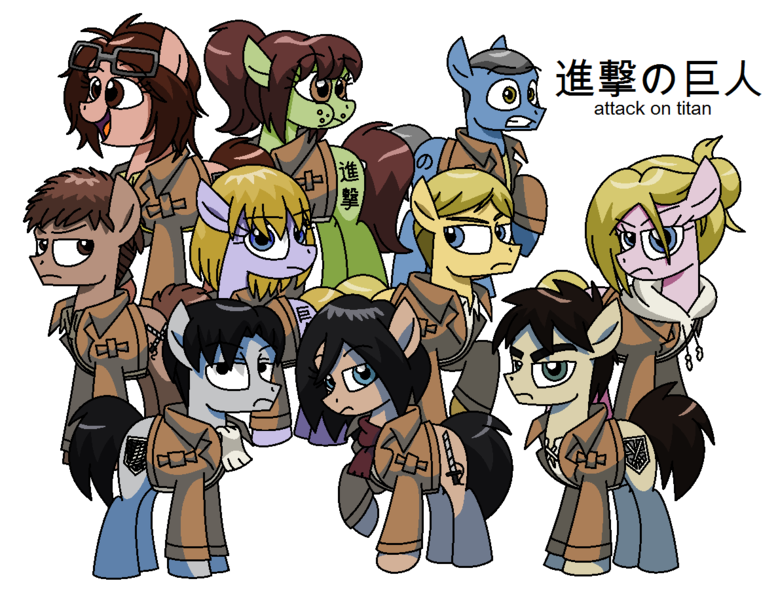 Size: 1188x916 | Tagged: safe, artist:vgc2001, derpibooru import, ponified, earth pony, pony, annie leonhardt, armin arlert, attack on titan, chinese text, conny springer, eren jaeger, erwin smith, female, group, hanji zoe, japanese, jean kirschtein, levi ackerman, male, manga, mare, mikasa ackerman, reference, sasha braus, stallion, style emulation, tony fleecs