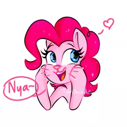 Size: 1000x1000 | Tagged: safe, alternate version, artist:tylerdashart, derpibooru import, pinkie pie, cat, earth pony, pony, :3, bust, cute, diapinkes, female, floating heart, heart, mare, nya, open mouth, pinkie cat, portrait, simple background, solo, speech bubble, white background