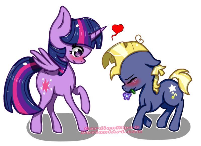 Size: 1240x900 | Tagged: safe, artist:gardianripu, derpibooru import, star tracker, twilight sparkle, twilight sparkle (alicorn), alicorn, pony, once upon a zeppelin, blushing, cute, eyes closed, female, floating heart, floppy ears, flower, flower in mouth, heart, male, mouth hold, shipping, simple background, straight, trackerbetes, transparent background, twiabetes, twitracker