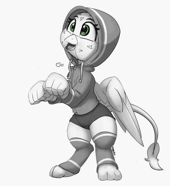 Size: 2067x2257 | Tagged: safe, artist:pabbley, derpibooru import, gabby, gryphon, bipedal, clothes, cute, female, gabbybetes, happy, high res, hoodie, image, leg warmers, partial color, png, shorts, simple background, socks, solo, white background