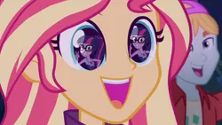 Size: 600x338 | Tagged: safe, derpibooru import, edit, edited screencap, screencap, fry lilac, sci-twi, sunset shimmer, twilight sparkle, equestria girls, equestria girls series, forgotten friendship, sunset's backstage pass!, spoiler:eqg series (season 2), backstage pass, clothes, cute, eye reflection, female, happy, lesbian, logo, reflection, scitwishimmer, shimmerbetes, shipping, smiling, sunsetsparkle, swimsuit, twiabetes, wide eyes