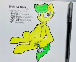 Size: 2199x1807 | Tagged: safe, artist:perezadotarts, derpibooru import, oc, oc:pen sketchy, earth pony, pony, cutie mark, drawing, pencil, phone, photo, simple background, sitting, solo, text, traditional art, yellow