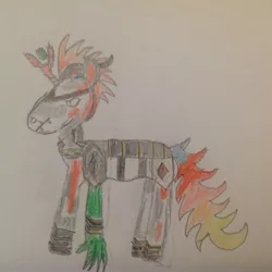 Size: 1936x1936 | Tagged: safe, artist:makarosc, derpibooru import, oc, oc:dark ember, unofficial characters only, fire pony, pony, unicorn, armor, solo, traditional art