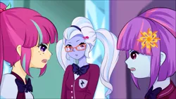 Size: 1920x1080 | Tagged: safe, artist:electricshine, derpibooru import, sour sweet, sugarcoat, sunny flare, equestria girls, clothes, crystal prep academy, crystal prep academy uniform, looking at you, open mouth, school uniform, shadowbolts, youtube link