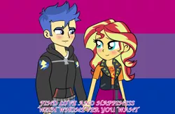 Size: 1269x824 | Tagged: safe, artist:chuyryu, derpibooru import, flash sentry, sunset shimmer, equestria girls, equestria girls series, bisexual, bisexual pride flag, female, flashimmer, geode of empathy, magical geodes, male, pride, pride flag, shipping, straight