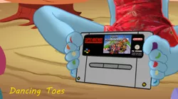 Size: 1942x1090 | Tagged: suggestive, artist:dancingtoes, derpibooru import, rainbow dash, anthro, equestria girls, barefoot, cartridge, feet, female, fetish, foot fetish, mario kart, solo, solo female, super mario kart, super nintendo, toes