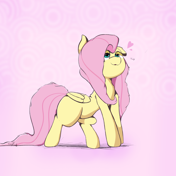 Size: 2500x2500 | Tagged: safe, artist:rainyvisualz, derpibooru import, fluttershy, pegasus, pony, abstract background, female, folded wings, heart, lidded eyes, looking up, mare, missing cutie mark, solo, standing, wings