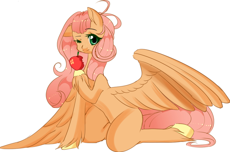 Size: 1424x945 | Tagged: safe, artist:clefficia, derpibooru import, oc, oc:sunshine apple shy, unofficial characters only, pegasus, pony, apple, blank flank, eating, female, food, freckles, kneeling, mare, offspring, one eye closed, one wing out, parent:big macintosh, parent:fluttershy, parents:fluttermac, simple background, solo, unshorn fetlocks, white background, wings