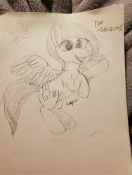 Size: 3024x4032 | Tagged: safe, artist:kalashnikitty, derpibooru import, oc, oc:flugel, unofficial characters only, pegasus, pony, black and white, female, grayscale, happy, horse taxes, mare, monochrome, sketch, solo, taxes, traditional art