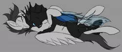 Size: 1024x437 | Tagged: safe, artist:ravvij, derpibooru import, oc, oc:ravvij, oc:skitter, changeling, insect, pegasus, pony, chitin, cuddling, cute, eye, eyes, fangs, feather, female, gray background, head fin, hooves, horn, hors, hug, male, mane, mare, membranous hair, membranous head fin, membranous wings, simple background, snuggling, stallion, tail, wings