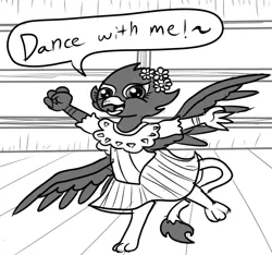 Size: 640x600 | Tagged: safe, artist:ficficponyfic, derpibooru import, part of a set, oc, oc:emilia, gryphon, cyoa:madness in mournthread, clothes, cyoa, dancing, dialogue, flower, griffon oc, happy, inviting, monochrome, mystery, outstretched arms, outstretched wings, part of a series, ruffles, skirt, smiling, story included, text