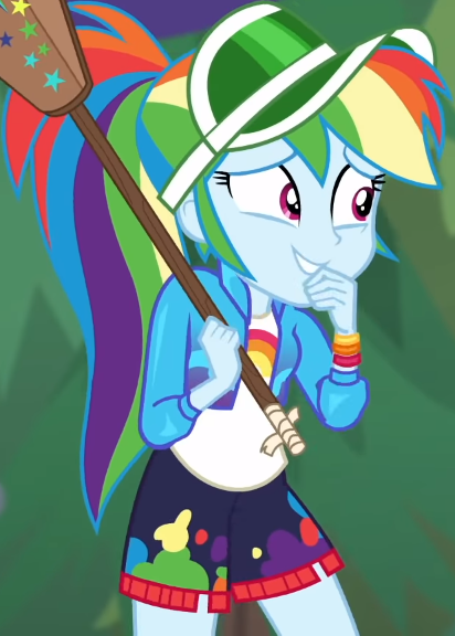 Size: 412x576 | Tagged: safe, derpibooru import, screencap, rainbow dash, equestria girls, equestria girls series, sunset's backstage pass!, spoiler:eqg series (season 2), accidental spanking, cap, clothes, cropped, cute, dashabetes, embarrassed, geode of super speed, grin, hat, jacket, magical geodes, paddle, rainbow, shirt, shorts, smiling, solo, sorry, t-shirt