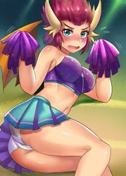 Size: 600x840 | Tagged: 2 4 6 greaaat, alternate version, anime, artist:tzc, belly button, blushing, breasts, busty smolder, cheerleader, clothes, derpibooru import, embarrassed, embarrassed underwear exposure, female, horn, horned humanization, human, humanized, legs, midriff, miniskirt, open mouth, panties, pleated skirt, pom pom, skirt, smolder, smolderriere, solo, solo female, suggestive, thighs, underwear, upskirt, white underwear, winged humanization, wings