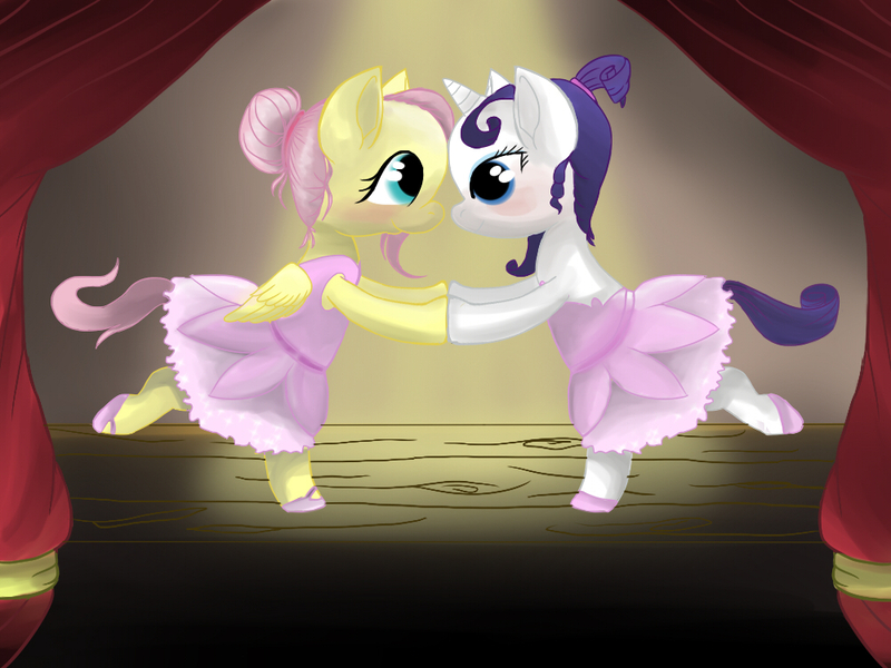 Size: 1000x750 | Tagged: safe, artist:lirazio, derpibooru import, fluttershy, rarity, pegasus, pony, unicorn, alternate hairstyle, ballerinas, ballet, clothes, dress, eye contact, female, filly, flarity, folded wings, hair bun, holding hooves, lesbian, looking at each other, pointe, profile, shipping, smiling, stage, touching hooves, wings, younger