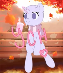 Size: 829x965 | Tagged: safe, artist:musicfirewind, derpibooru import, oc, unofficial characters only, alicorn, earth pony, pegasus, pony, unicorn, autumn, bench, chocolate, clothes, coffee, commission, cozy, food, hot chocolate, leaves, orange, park, red, scarf, solo, your character here