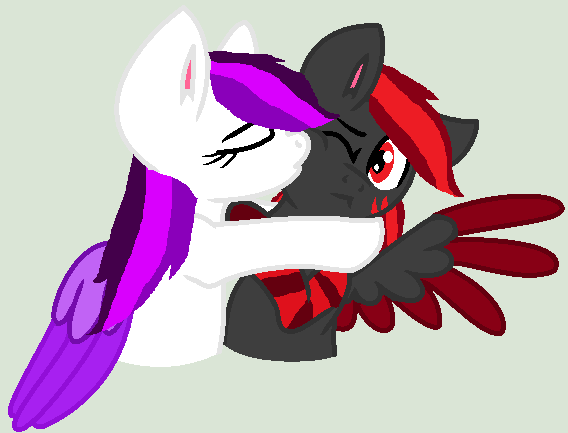 Size: 568x433 | Tagged: artist needed, safe, derpibooru import, oc, oc:bell flower, oc:crimson flame, pony, cute, hug, kiss on the cheek, kissing