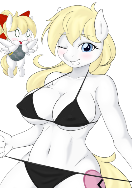 Size: 2894x4093 | Tagged: questionable, artist:aryanne, derpibooru import, edit, editor:deserter, oc, oc:aryanne, oc:kyrie, unofficial characters only, anthro, earth pony, pegasus, pony, aryan, aryan pony, belly, belly button, big breasts, bikini, blonde, blonde hair, blue eyes, blushing, breasts, chibi, clothes, cute, erect nipples, flying, hips, nazi, nazipone, nipple outline, one eye closed, pinup, sexy, simple background, smiling, swimsuit, thick, transparent background, undressing, wink