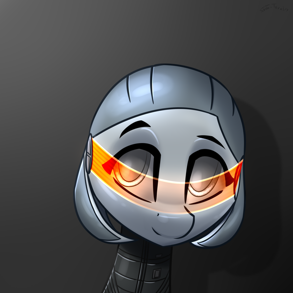 Size: 2000x2000 | Tagged: safe, artist:shido-tara, derpibooru import, ponified, android, pony, robot, bust, crossover, edi, gray background, mass effect, mass effect 2, mass effect 3, portrait, simple background, solo, watching in camera