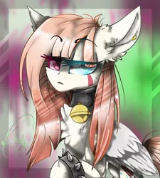 Size: 848x942 | Tagged: safe, artist:55xxglai-s-z-s-exx55, derpibooru import, oc, oc:jun susuki, unofficial characters only, pegasus, pony, bell, bell collar, bracelet, bust, chest fluff, collar, ear fluff, heterochromia, portrait, solo, spiked wristband, wristband