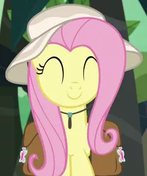 Size: 644x774 | Tagged: safe, derpibooru import, screencap, fluttershy, pegasus, pony, daring doubt, bag, cropped, cute, eyes closed, female, hat, mare, saddle bag, shyabetes, smiling, solo