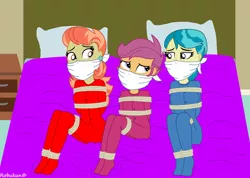 Size: 1058x755 | Tagged: safe, artist:robukun, derpibooru import, aunt holiday, auntie lofty, scootaloo, equestria girls, bondage, bound and gagged, cloth gag, clothes, damsel in distress, equestria girls-ified, footed sleeper, footie pajamas, gag, otn gag, over the nose gag, pajamas, tied up