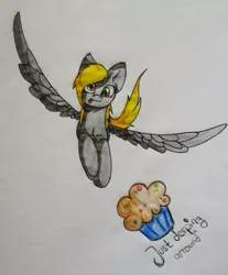 Size: 813x983 | Tagged: safe, artist:moon-wing, derpibooru import, derpy hooves, pegasus, pony, female, flying, food, mare, muffin, solo, tongue out, traditional art