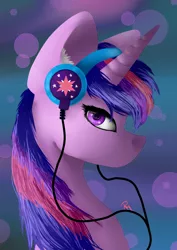 Size: 2480x3496 | Tagged: safe, artist:moon-wing, derpibooru import, twilight sparkle, pony, abstract background, bokeh, bust, female, headphones, looking at you, mare, portrait, solo
