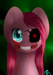 Size: 2480x3496 | Tagged: grimdark, artist:moon-wing, derpibooru import, pinkie pie, earth pony, pony, blood, body horror, bust, creepy, creepy smile, creepypasta, crying, female, heterochromia, looking at you, mare, pinkamena diane pie, portrait, semi-grotesque, smiling, tears of blood, zalgo