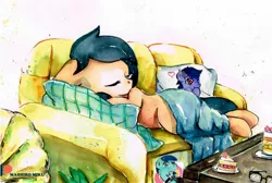 Size: 1600x1076 | Tagged: artist:mashiromiku, blanket, cake, candy, couch, cute, derpibooru import, female, filly, food, oc, oc:crescend cinnamon, patreon, patreon logo, photo, pillow, safe, sidekicks, sleeping, traditional art, watercolor painting