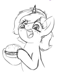Size: 397x522 | Tagged: safe, artist:zippysqrl, derpibooru import, oc, oc:sign, unofficial characters only, pony, unicorn, burger, bust, cute, female, food, freckles, grayscale, hoof hold, imminent bite, imminent nom, lineart, mare, meat, monochrome, ocbetes, open mouth, ponies eating meat, simple background, sketch, smiling, solo, white background