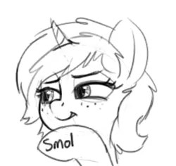 Size: 251x237 | Tagged: safe, artist:zippysqrl, derpibooru import, oc, oc:sign, unofficial characters only, pony, unicorn, body writing, bust, female, freckles, grayscale, lidded eyes, monochrome, picture for breezies, simple background, sketch, smiling, smirk, smol, solo, white background