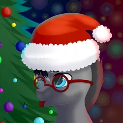 Size: 3000x3000 | Tagged: safe, artist:starshade, derpibooru import, oc, oc:zenfox, unofficial characters only, pony, bust, christmas, christmas tree, commission, glasses, hat, holiday, male, new year, portrait, santa hat, smiling, solo, tongue out, tree, ych result, your character here