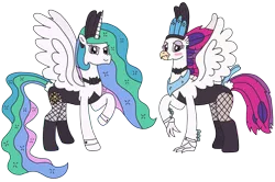 Size: 3185x2112 | Tagged: alicorn, artist:supahdonarudo, blushing, bowtie, bunnovo, bunny ears, bunnylestia, bunny suit, classical hippogriff, clothes, cuffs (clothes), derpibooru import, fishnets, hippogriff, my little pony: the movie, princess celestia, queen novo, raised hoof, safe, simple background, transparent background