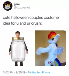 Size: 750x825 | Tagged: derpibooru import, fursuit, halloween, holiday, human, jar, lewd container meme, male, meta, oh god damn it no, oh god no, photo, rainbow dash, safe, twitter