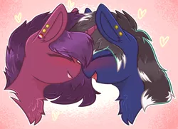 Size: 2900x2099 | Tagged: safe, artist:sailor, deleted from derpibooru, derpibooru import, oc, oc:livewire, oc:rubellite, unofficial characters only, pony, blushing, boop, chest fluff, female, happy, lesbian, lesbian pride flag, mare, noseboop, open mouth, piercing, pride, pride flag, tongue out