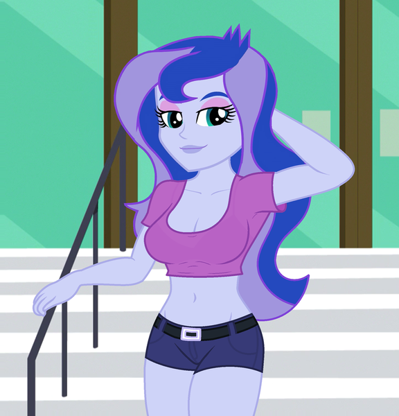 Size: 960x1000 | Tagged: safe, derpibooru import, edit, edited screencap, editor:ah96, screencap, princess luna, equestria girls, friendship games, belly button, breast edit, breasts, busty princess luna, cleavage, clothes, cropped, female, hand on head, looking at you, midriff, sexy, short shirt, shorts, solo, stupid sexy princess luna, thighs, vice principal luna