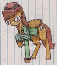 Size: 1365x1548 | Tagged: artist needed, safe, derpibooru import, oc, oc:type writer, unofficial characters only, pegasus, pony, bowler hat, clothes, glasses, hat, jacket, lined paper, solo, traditional art