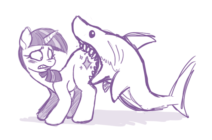 Size: 705x465 | Tagged: safe, artist:moophins, derpibooru import, edit, twilight sparkle, pony, shark, unicorn, biting, blushing, butt bite, female, jaws, literal butthurt, looking back, mare, monochrome, pain, simple background, sketch, twilight sharkle, unicorn twilight, white background