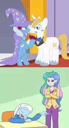 Size: 1496x2752 | Tagged: safe, artist:dcencia, artist:mew-me, derpibooru import, prince blueblood, princess celestia, trixie, equestria girls, bluetrix, female, kissing, male, meme, principal celestia, shipping, straight, trixie's dream