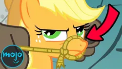 Size: 1280x720 | Tagged: safe, derpibooru import, screencap, applejack, diamond dog, pony, a dog and pony show, applejack is not amused, arrow, bridle, looking at you, offscreen character, rope, solo focus, tack, unamused, watchmojo.com, youtube