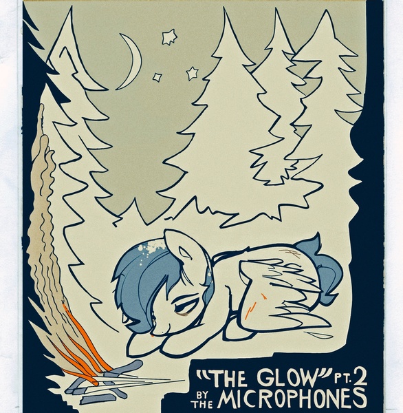 Size: 2317x2373 | Tagged: safe, artist:deafpunk, derpibooru import, oc, oc:deaf punk, pegasus, pony, album cover, feather, fire, forest, injured, lying down, moon, resting, scratches, smoke, the glow pt.2, the microphones, tired