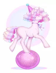 Size: 2235x2933 | Tagged: safe, artist:djkaskan, derpibooru import, oc, pony, unicorn, balancing, ball, eye bandage, hat, party hat, skinny, smiling, solo